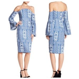 Elliatt Blue and White Off-Shoulder Midi Dress